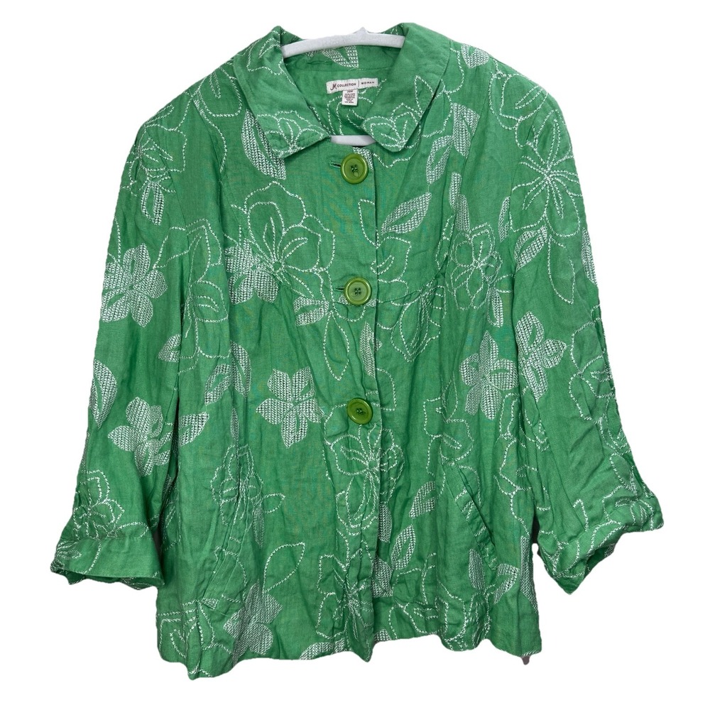 JM Collection Green White Floral Embroidery Womens Jacket‎ Plus Size 20 Linen